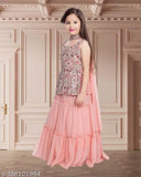Kids girls georgette lehenga choli set with dupatta, ready-to-wear party wear, embellished ruffle stitch