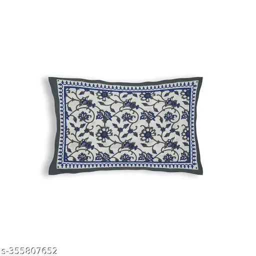 100% cotton Jaipuri pillow cover, white with blue floral print, single bed sheet.