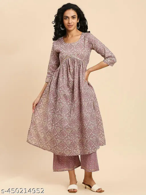 Printed cotton kurta set with palazzos, three-quarter sleeves, size range from S to XXL. Made in India