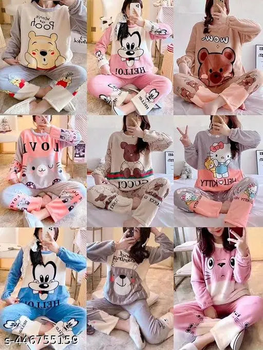 Printed Wool Winter Set-105, long sleeves fleece fur flower print pyjamas for women's thermal wear, India