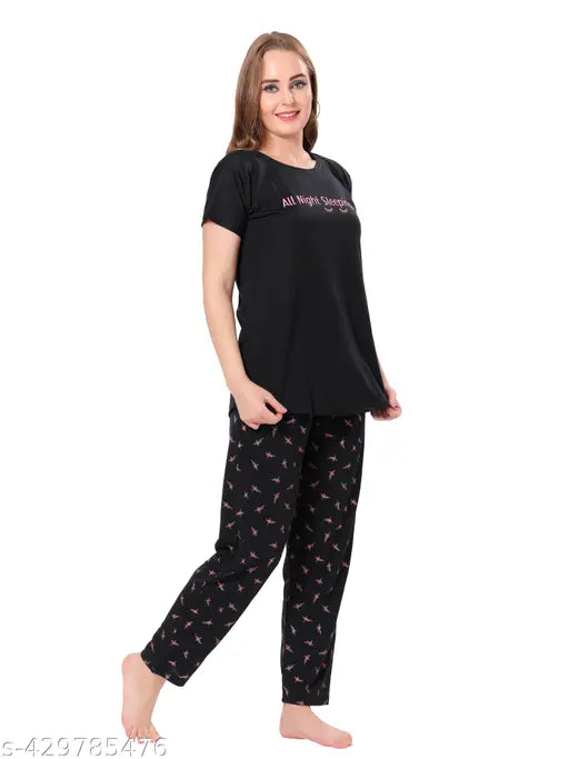 Women's black hosiery cotton printed half-sleeve T-shirt and pyjama pants nightsuit set, stylish and comfortable sleepwear