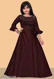 Maroon silk ethnic gown, solid net pattern for girls party wear, pack of 1, size 7-8 or 8-9 years old