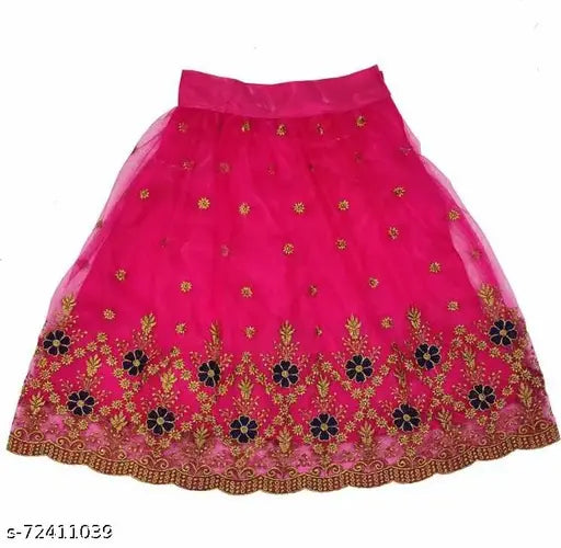 Fully stitched cotton blend lehenga choli set for girls, embroidered net dupatta with brocade choli on display