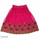 Fully stitched cotton blend lehenga choli set for girls, embroidered net dupatta with brocade choli on display