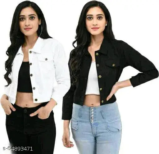 White cotton-blend jacket combo pack, two solid style denim jackets for women and girls, long sleeves, sizes S to XL