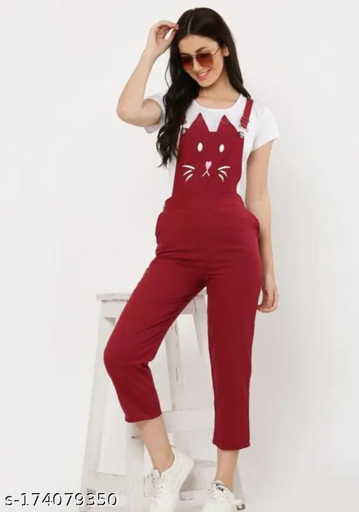 Maroon cat-print jumpsuit, short sleeved, vibrant pattern on printed net fabric