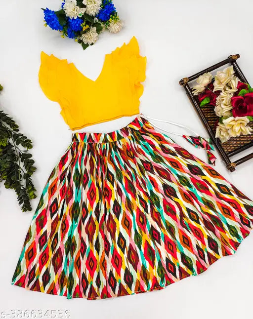 Fancy, embroidered Rayon lehenga choli for ethnic party or wedding, suitable for kids aged 3-8 years. Beautiful designer dress, printed and fully-stitched