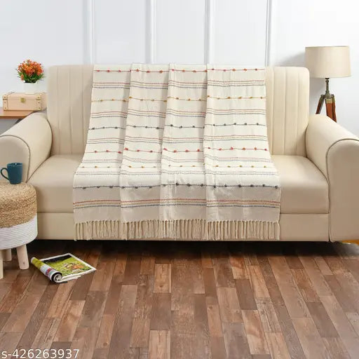Cotton fringed throw blanket, for sofa or bed, HomewayTex brand, 52x70 inches, elasticized ends