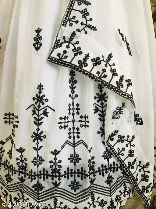 Georgette fabric V-neck floral embroidery women's kurtas with dupatta set, party and casual wear ethnic anarkali gowns in multiple sizes