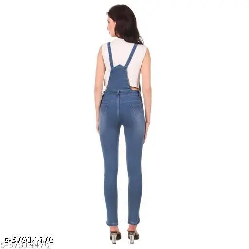 Medium dark blue denim dungarees for women, sleeveless, stretchable, ankle length - latest trendy collection from India