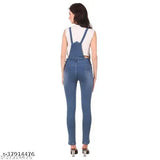 Medium dark blue denim dungarees for women, sleeveless, stretchable, ankle length - latest trendy collection from India