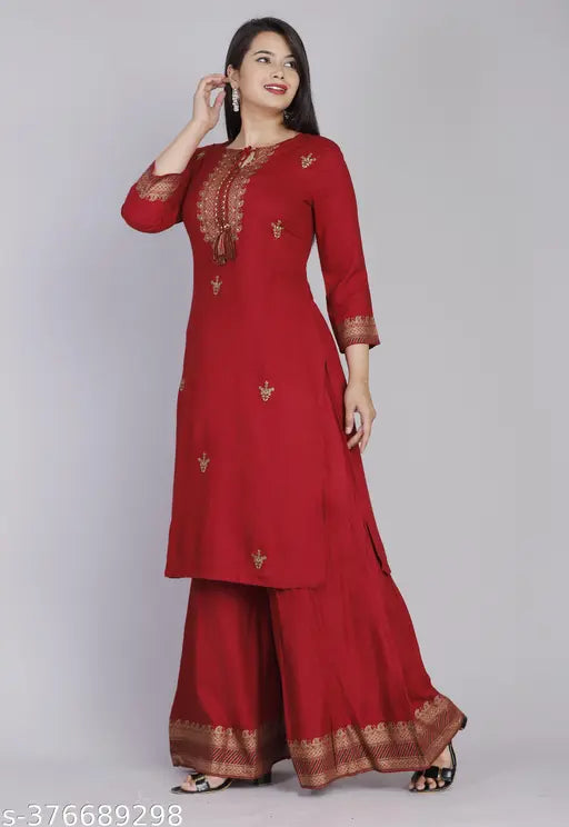 Maroon kameez palazzo with embroidered dupatta