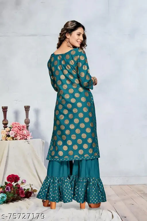 Women's kurta with ruffled hem and long sleeves, Rayon fabric, vibrant foil print work round neck. Ideal for trendy party wear, casual daily wear or perfect fit for special occasions like weddings