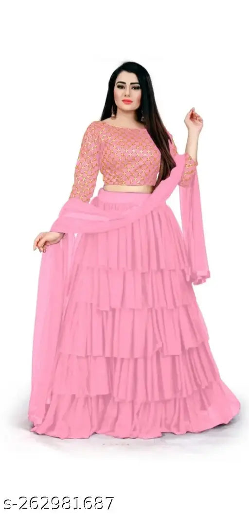 Red satin and net women's lehenga choli with ruffle details, semi-stitched, free size (LW44, LL44, DL2.05m), India