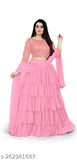 Red satin and net women's lehenga choli with ruffle details, semi-stitched, free size (LW44, LL44, DL2.05m), India