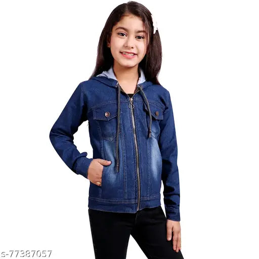 A young girl wearing a blue denim jacket with a collar. The jacket is full sleeve and zip closure. It appears to be styled after a girls' jacket design. The material is visibly denim, giving it an authentic look