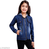 A young girl wearing a blue denim jacket with a collar. The jacket is full sleeve and zip closure. It appears to be styled after a girls' jacket design. The material is visibly denim, giving it an authentic look