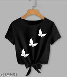 Black crop top t-shirt with three butterfly prints, lycra short sleeves for women, India-made fashion apparel