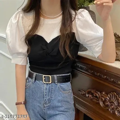 Women's woolen Korean-Style O-neck short sleeve stitching chiffon sleeves pullover, solid color on model