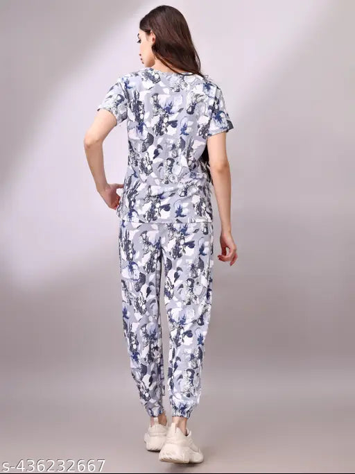 Grey printed cotton blend night suit set for women's combo, featuring top and pants. Ideal for sleep or lounge wear, perfect gift for Raksha Bandhan. Made in India