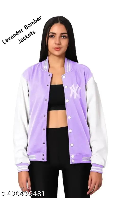 Lavender fleece bomber jacket for women, solid color with NY patch