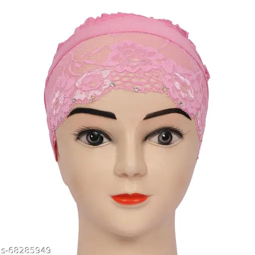 Pink cotton lace headband with underscarf cap, two packs available