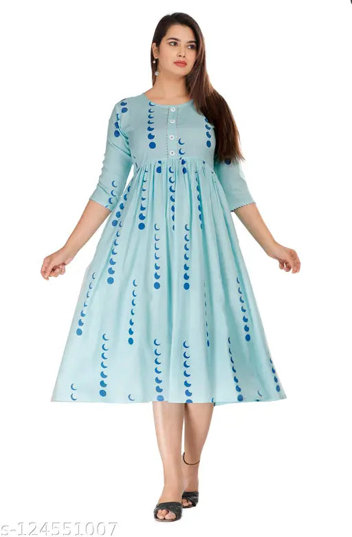 Blue rayon printed long gown, mid-calf length