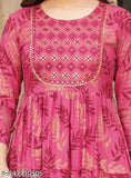 Pink rayon Anarkali style kurti with printed leaf design, perfect for everyday wear and festive occasions
