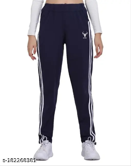 Navy blue women's jogging pants with white stripe accents