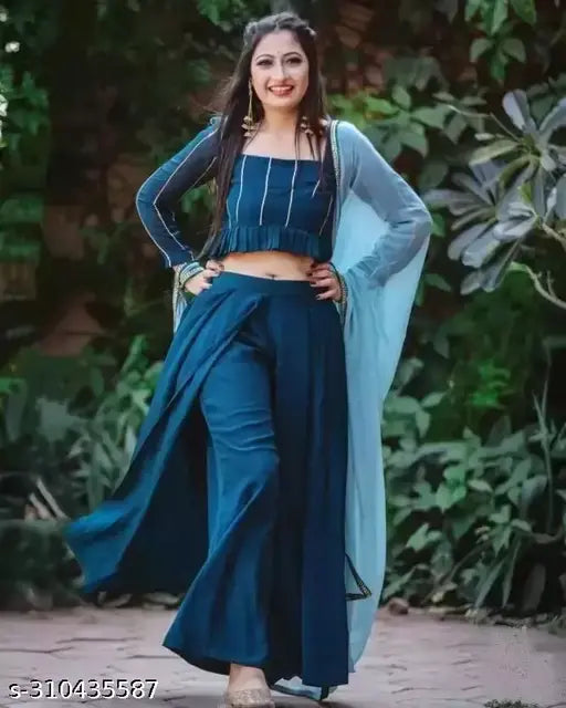 Black Rayon Women's Crop Top & Palazzo Set - Intricate lace design, flowing palazzo, classic blue color