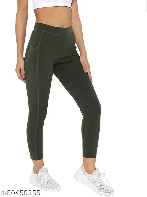 Mid-waist solid stretchable ankle-length workout tights for women & girls, made with Lycra fabric