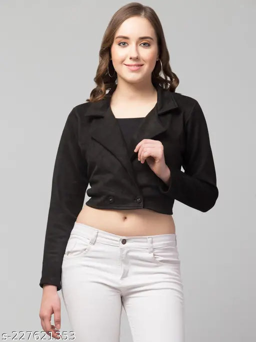 Black scuba suede crop coat jacket, solid black, long sleeves, open front with button detail and lapel collar