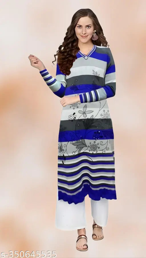 Stylish blue, white, and black woolen A-line kameez for women with long sleeves and full length
