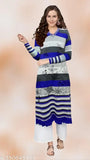 Stylish blue, white, and black woolen A-line kameez for women with long sleeves and full length