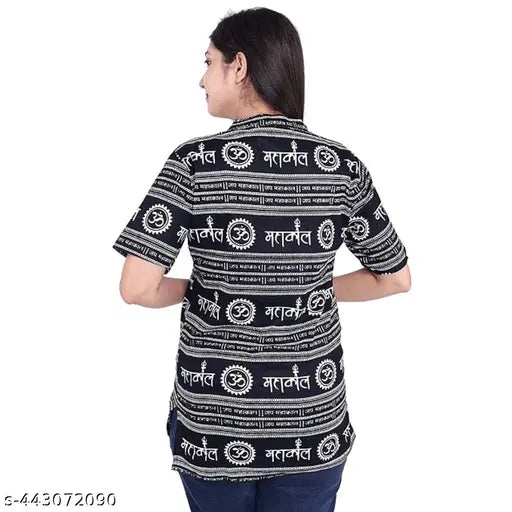 Cotton short-sleeved women's kurta, Mahakaal Damru Om printed, Indian origin
