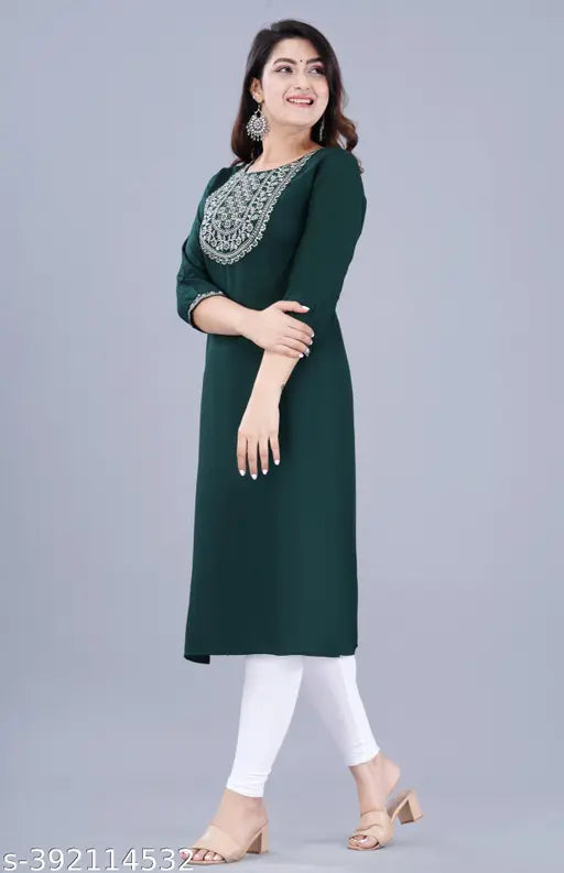 Green cotton kameez with embroidered neckline, full-length sleeves, and straight cut
