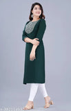 Green cotton kameez with embroidered neckline, full-length sleeves, and straight cut