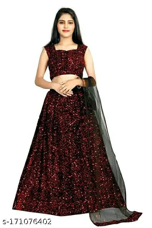 Velvet and net embellished kids' lehenga cholis with various sizes for ages 5-14 years, originating from India