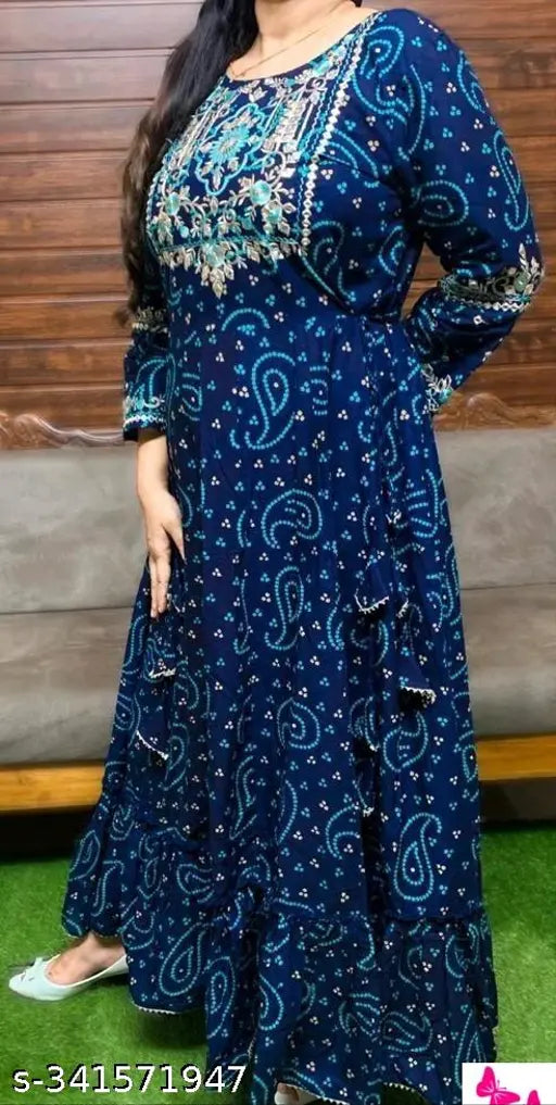 Rayon Bandhani Anarkali Embroidery Long Kurti, Indian rayon print with Zari embroidery in three-quarter sleeves