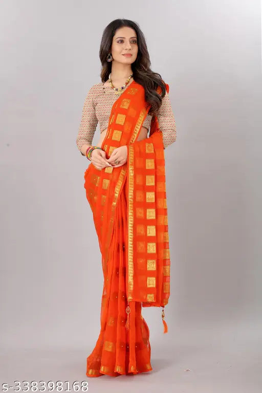 Women's party wear, chiffon saree with jacquard blouse, Indian-crafted zari woven pure chiffon saree and separate blouse piece