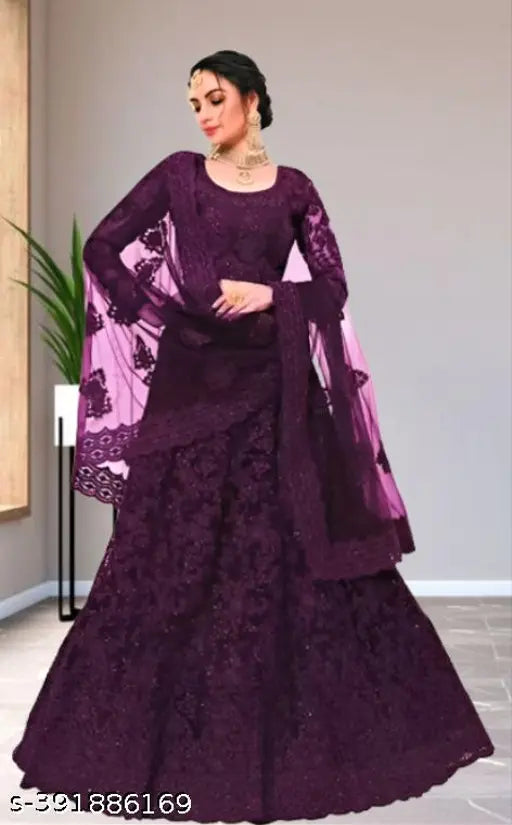 Embroidered net fabric lehenga for women, semi-stitched (42m waist, 44m length, 2.2m dupatta)