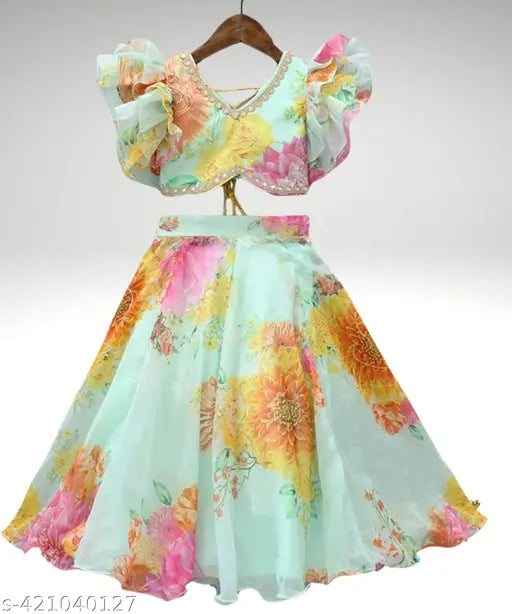 Georgette kids lehenga choli, floral print with short sleeves, Indian crafted for comfort and style