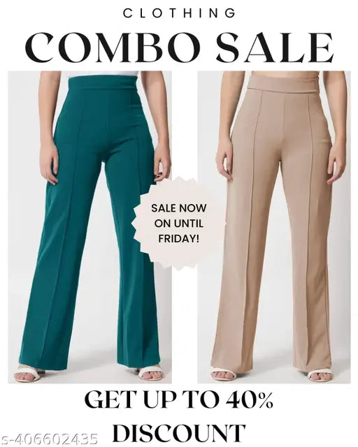 High-waisted vintage ladies' bootcut trousers set of two in blue and maroon colors