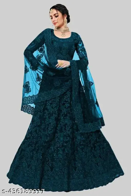 Pure net women's lehenga choli & dupatta, satin top with botanical embroidery, free size from India