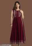 Rayon printed maroon straight Nayra cut kurti for women/girls, sleeveless, embroidered design. Classic and trendy women's fashion piece from India