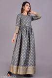 Emperus women's rayon three-quarter sleeve printed kurta in grey and gold, ankle length, Indian print design