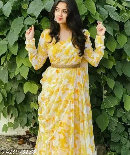 Georgette printed net gown and dupatta, Indian bridal wear with three-quarter sleeves. (S: B36, L52, W32, H40 | M: B38, L52, W34, H42 | L: B40, L52, W36, H44 | XL: B42, L52, W38, H46 | XXL: B44, L52, W40, H48)