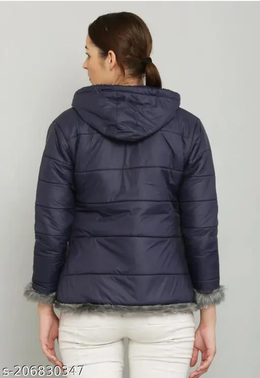 Navy Blue Color Fur Quilted PU jacket by M N FASHION - Long sleeves solid fur style, perfect for winter wear