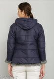 Navy Blue Color Fur Quilted PU jacket by M N FASHION - Long sleeves solid fur style, perfect for winter wear