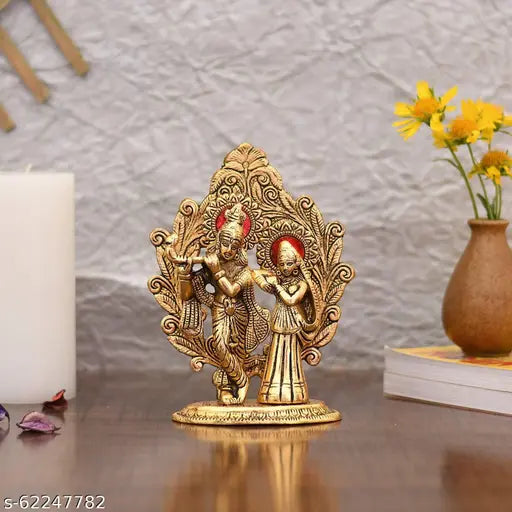 Gold plated metal Radha Krishna statue for home decor, symbolic of divine union, 7"x4.5"x2", Indian origin